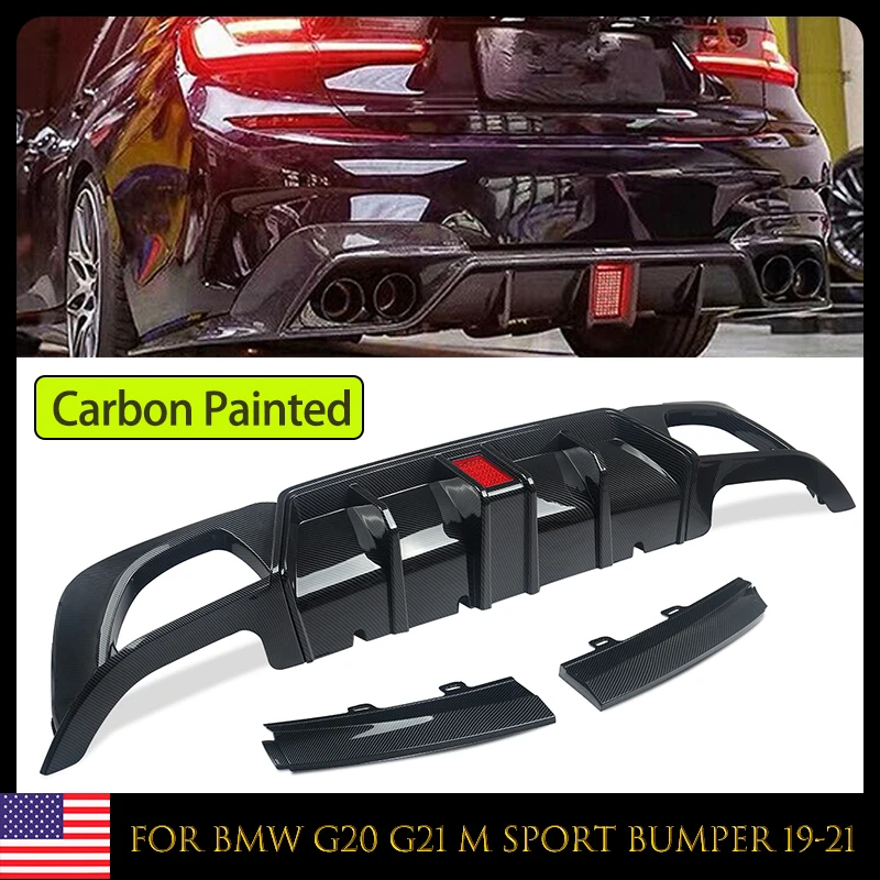 Rear Bumper Lip Spoiler Trunk Diffuser Cover with Light For BMW 3 Series G20 G21 M Sport 2019-2021 Carbon Fiber Look