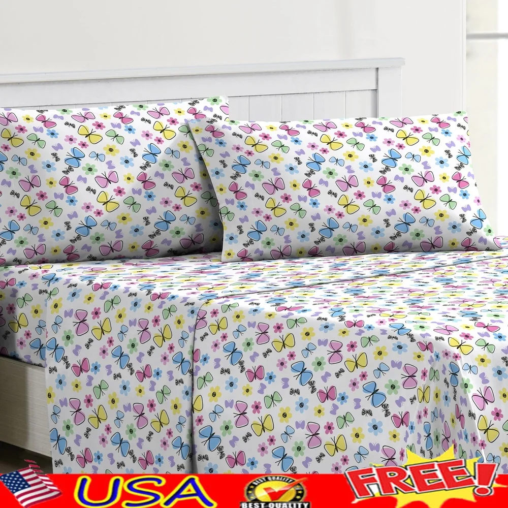 

Colorful Butterfly Sheet Set Microfiber Soft Bedding Child Bedroom Includes Flat Fitted Pillowcases Durable Machine Washable