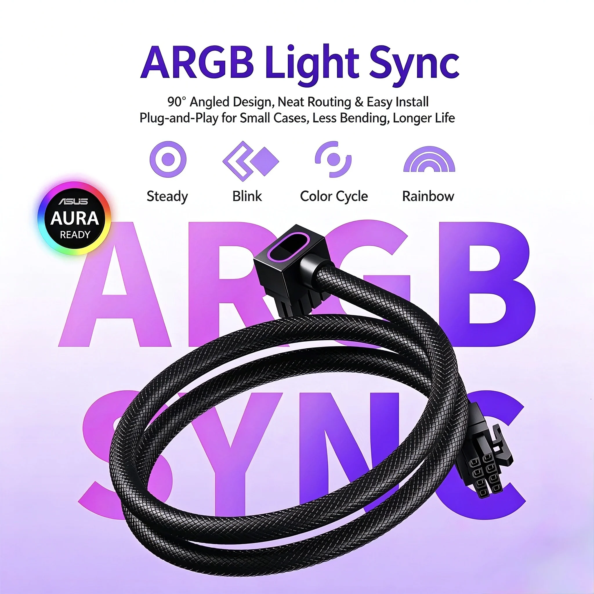 AIJS CPU 8PIN Motherboard Module Cable, ARGB PC Cable with 5V 3Pin, 18AWG 90°Right-Angle Design, Male-to-Male PSU-Side Connector