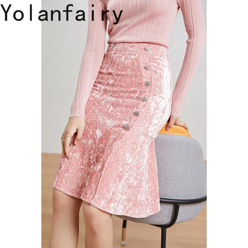 YOLANFAIRY Gonne eleganti per donna Autunno Inverno Gonna di velluto di fascia alta Stile coreano Vita alta Midi Gonna avvolgente rosa Abbigliamento da strada