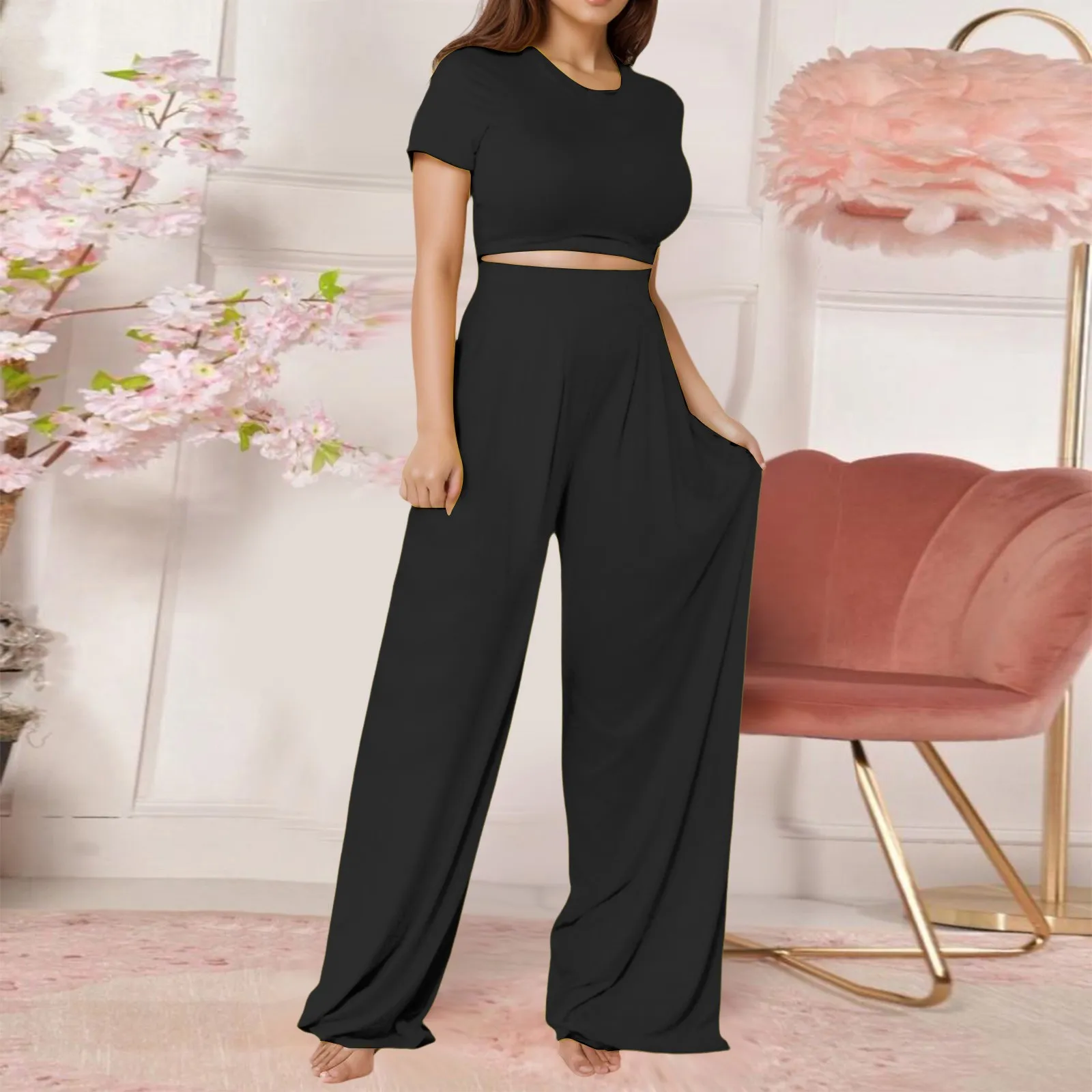 Plus Size Women'S Fashion Casual Wide Leg Short Sleeved Pant Suit Two Piece Set Slim Tops Solid Color Suits Streetwear 2024 New