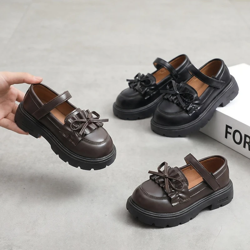 

Children Leather Shoes Lolita Bow Girls Princess Mary Jane Shoes with Ruffled Edge School Perform Kids Uniform Shoes Black Brown