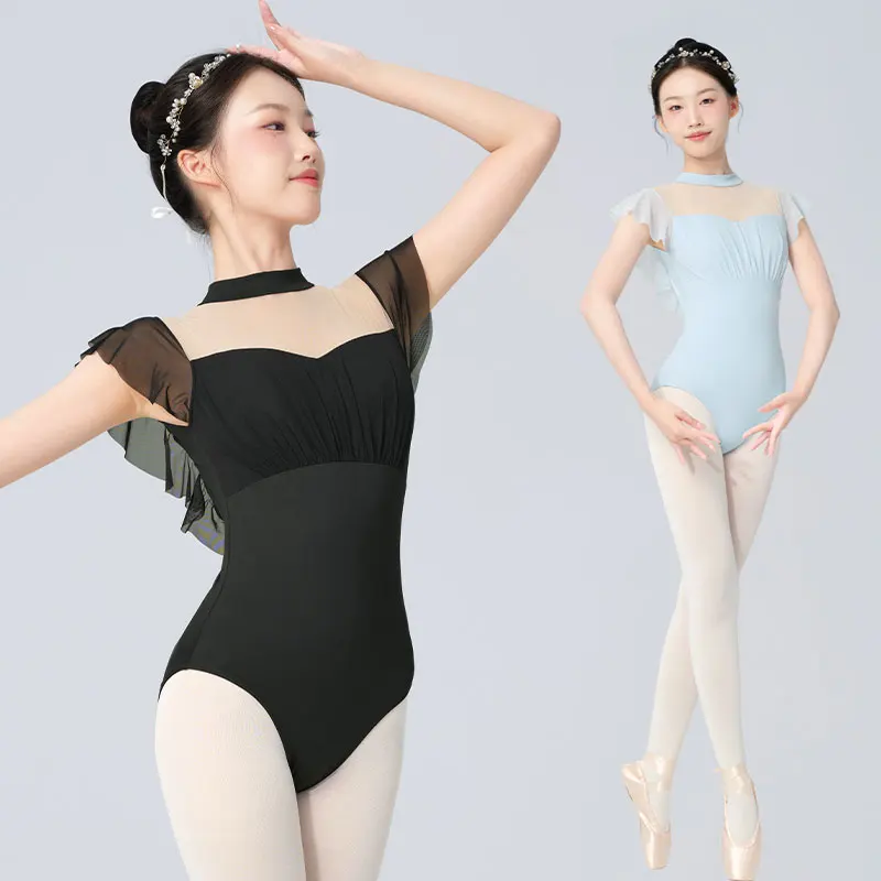 Women Black Ballet Leotard Short Sleeve Dance Leotard High Eelastic Gymnastic Bodysuit Teen Girls Balllerina Outfits for Dancing