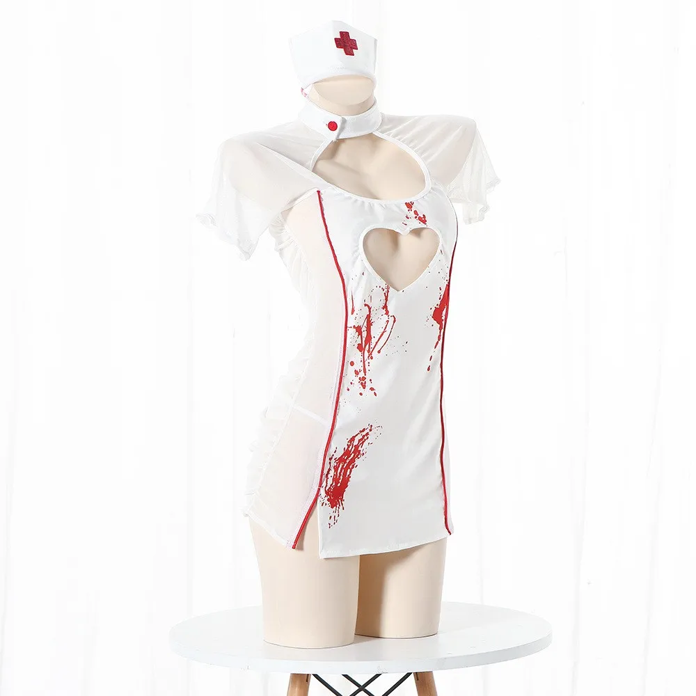 Halloween Scary Nurse Dress Sexy Hollow Out Sheer Night Dress Women Ruched Nightwear Cosplay Short Sleeve Sexuality Pajamas