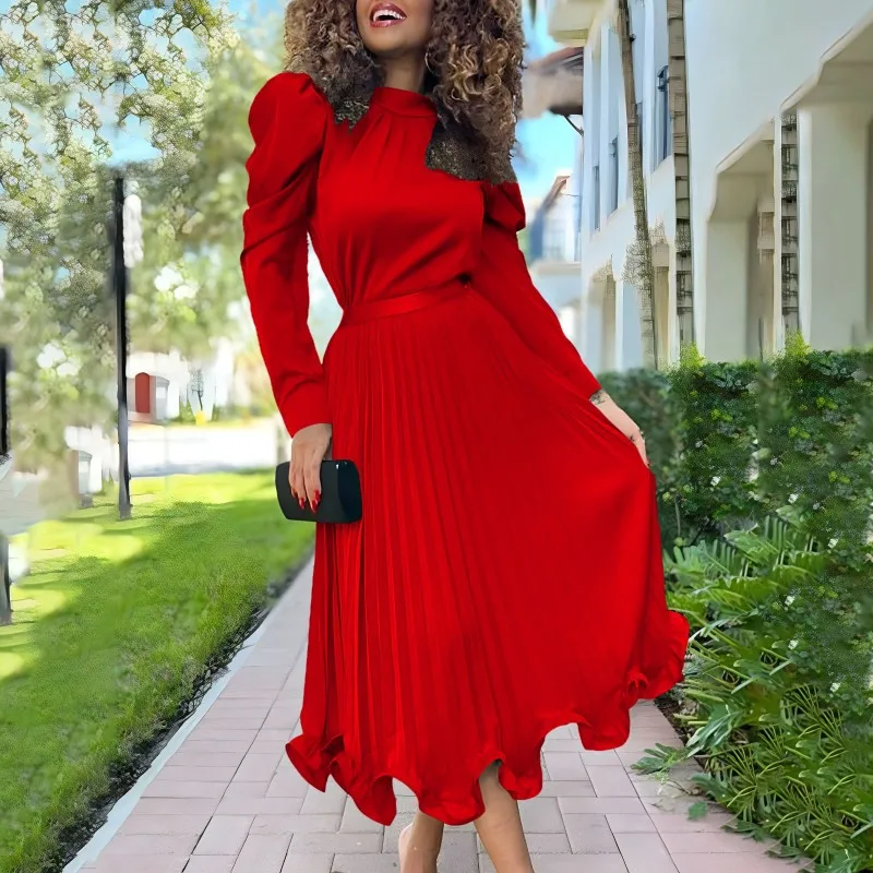 High Neck Robe Two Piece Set Fashion Plus Size Pleated Evening Party Dress Women's Set Autumn New Solid Bubble Sleeve Top Ruffle