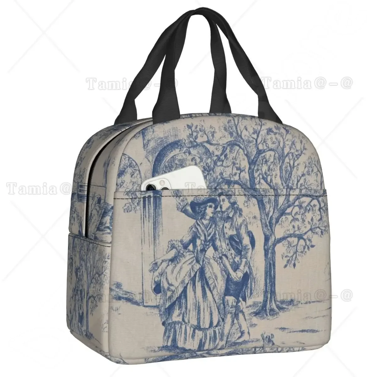 French Toile De Jouy Navy Blue Motif Pattern Thermal Insulated Lunch Bag Lunch Container for Outdoor Picnic Storage Food Box