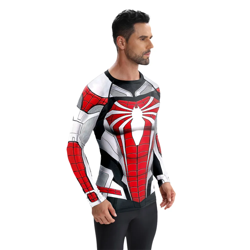 ผู้ชายชุดแมงมุมฟิตเนสวิ่งเสื้อคอสเพลย์การ์ตูนแมงมุมพิมพ์เครื่องแต่งกายเสื้อแขนยาวเสื้อบีบอัด Sportwear