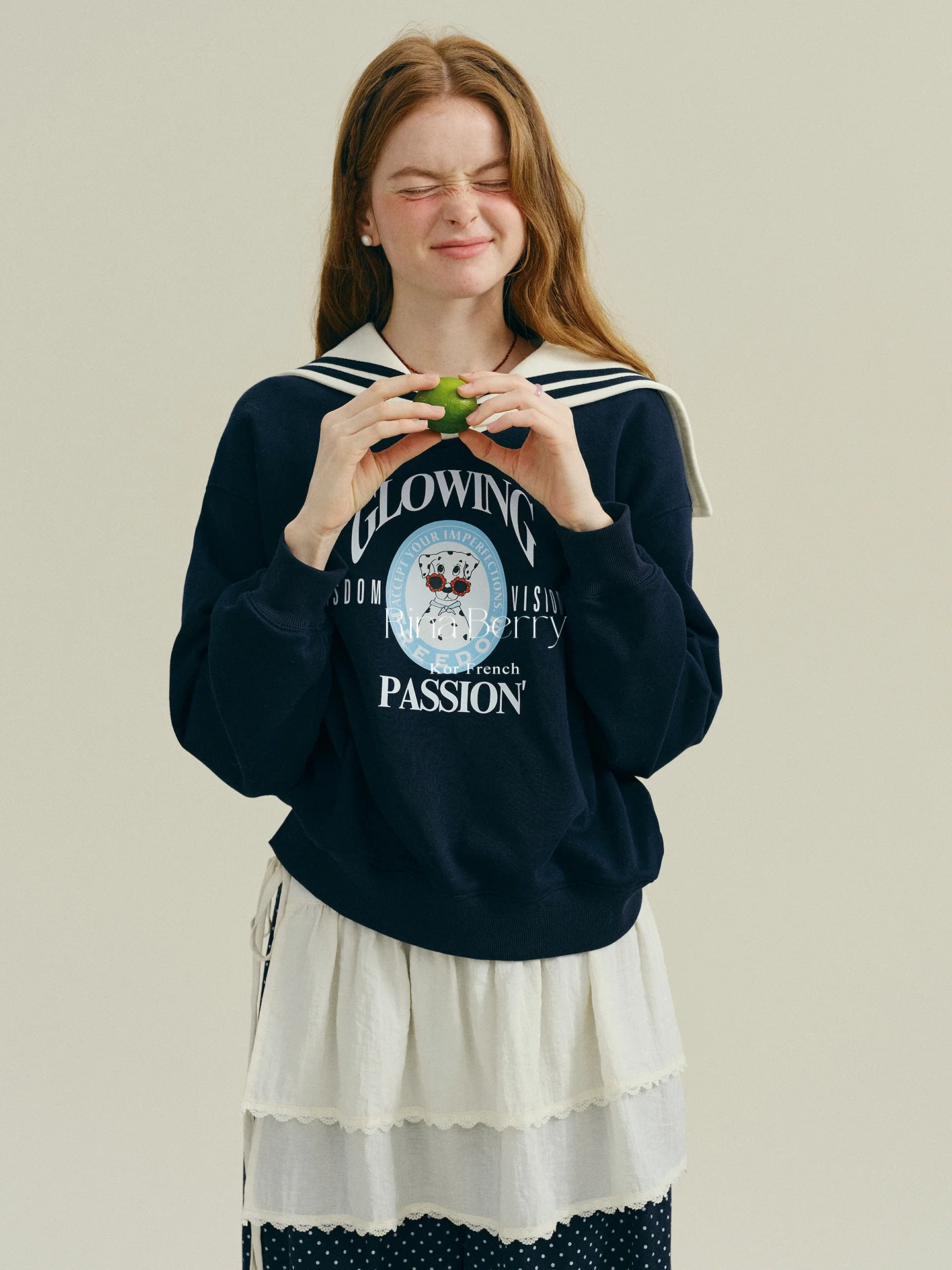 

Rina Berry Naval Collar Cartoon Print Loose Fit College Sle Spring Seasonal Design Sense Sweatirt Casual Long Sve Wome...