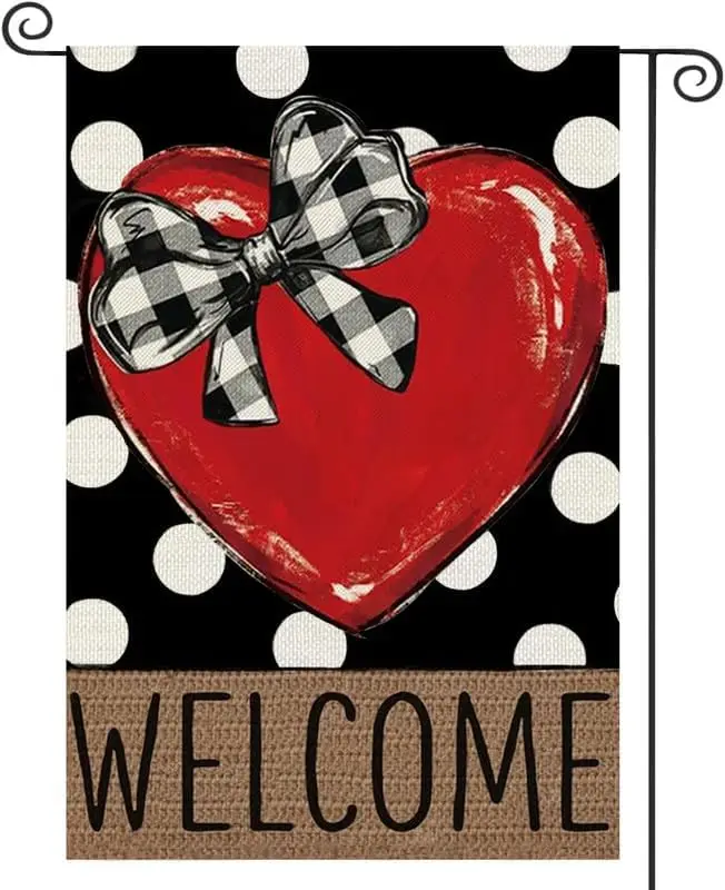 H Yaou Bandiera da giardino per San Valentino 12x18 Doppia faccia a pois Cuore d'amore Bowknot Piccole bandiere da giardino di benvenuto in tela per fattoria