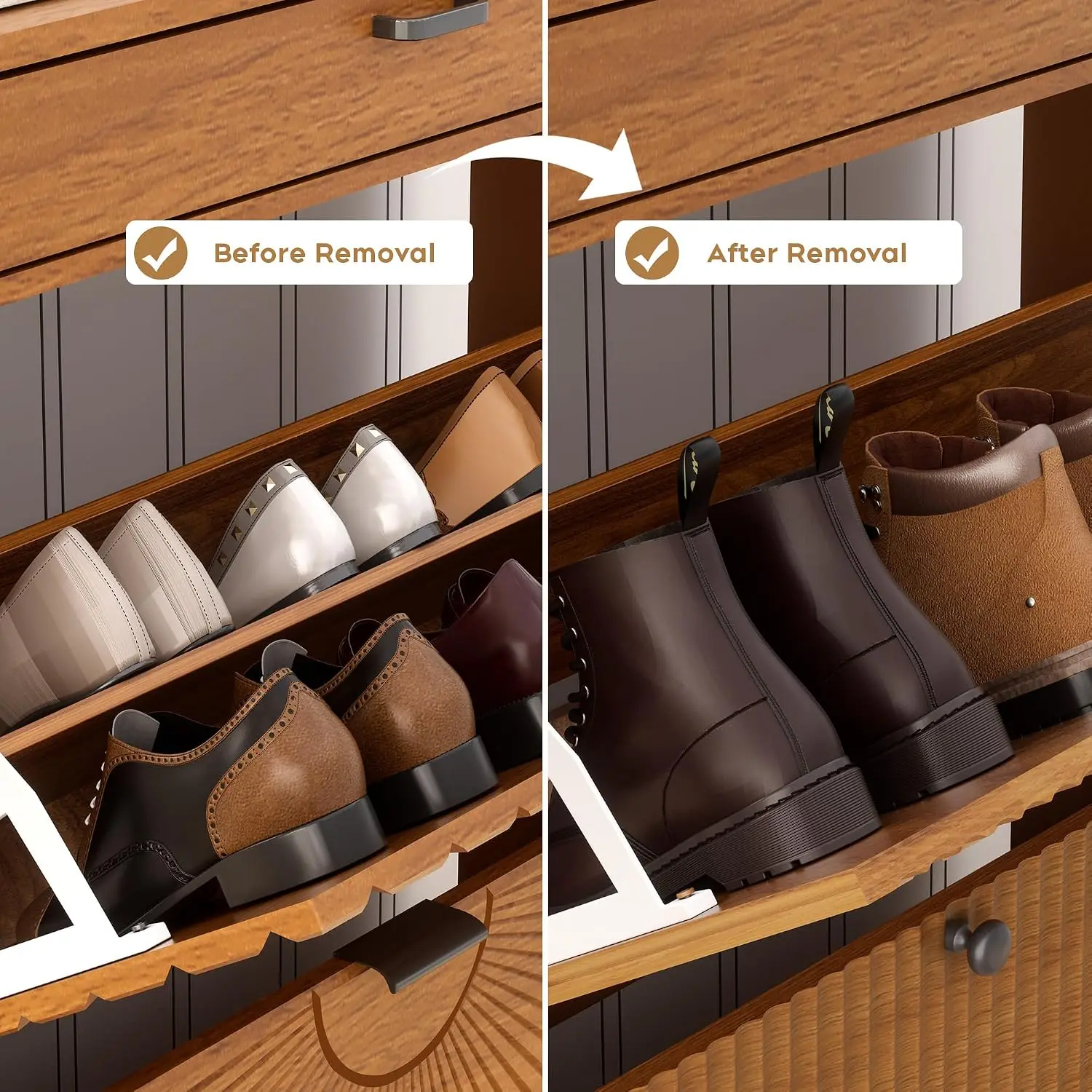 Shoe Rack Cabinet with 2 Flip Drawers & 1 Small Drawer, Slim Entryway Organizer with Pattern Doors, Walnut, Customized