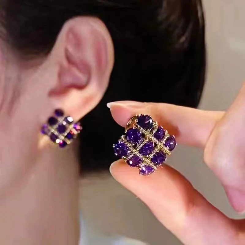 New Elegant Exquisite Purple Zircon Square Stud Earrings for Women Fashion Personality Ladies Wedding Party Premium Gift Jewelry