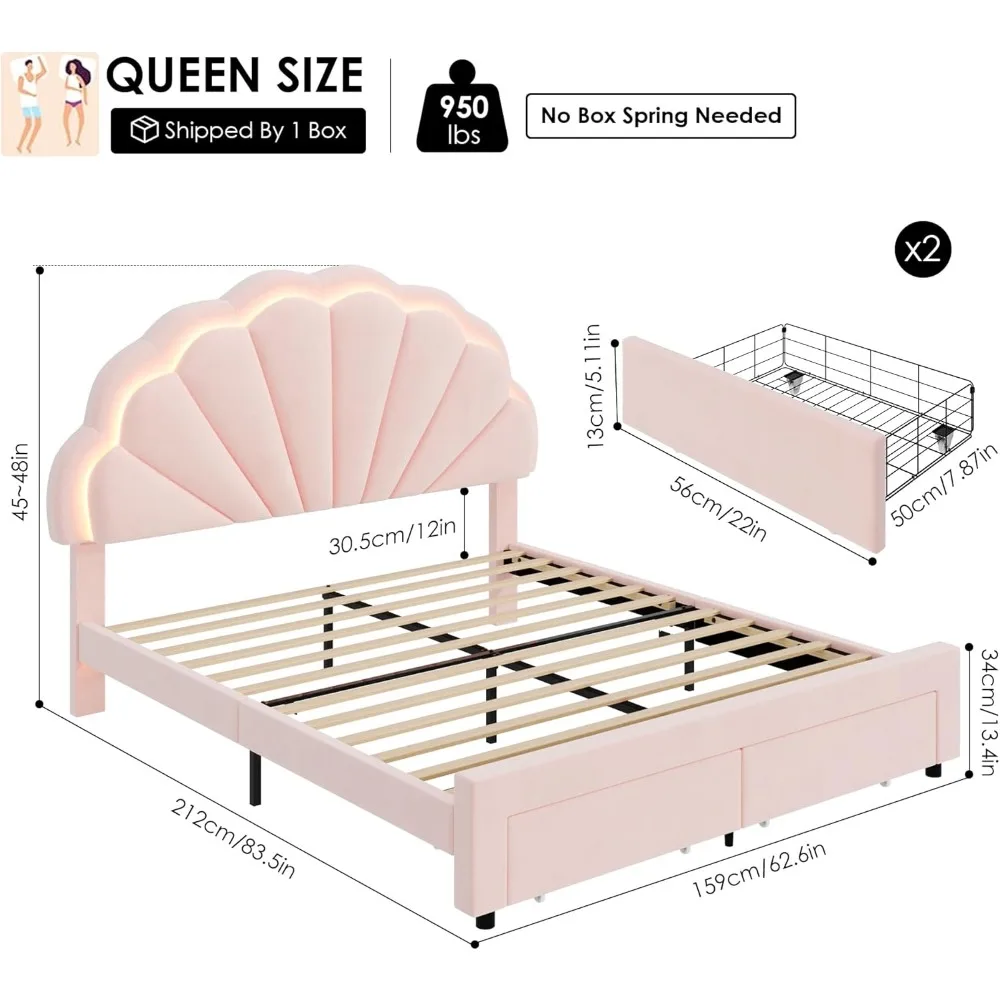 Inteligente LED Bed Frame com 2 gavetas de armazenamento, ajustável Chic Duplo Petal Headboard, ripas de madeira maciça, nenhuma caixa, Primavera necessário