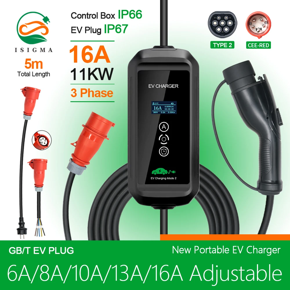 

ISIGMA 11KW 6/8/10/13/16A Adjust 3Phase 11kw GBT Plug EV Charger Use for GBT Cars 5m long 220V~450V High Charging Speed IP67