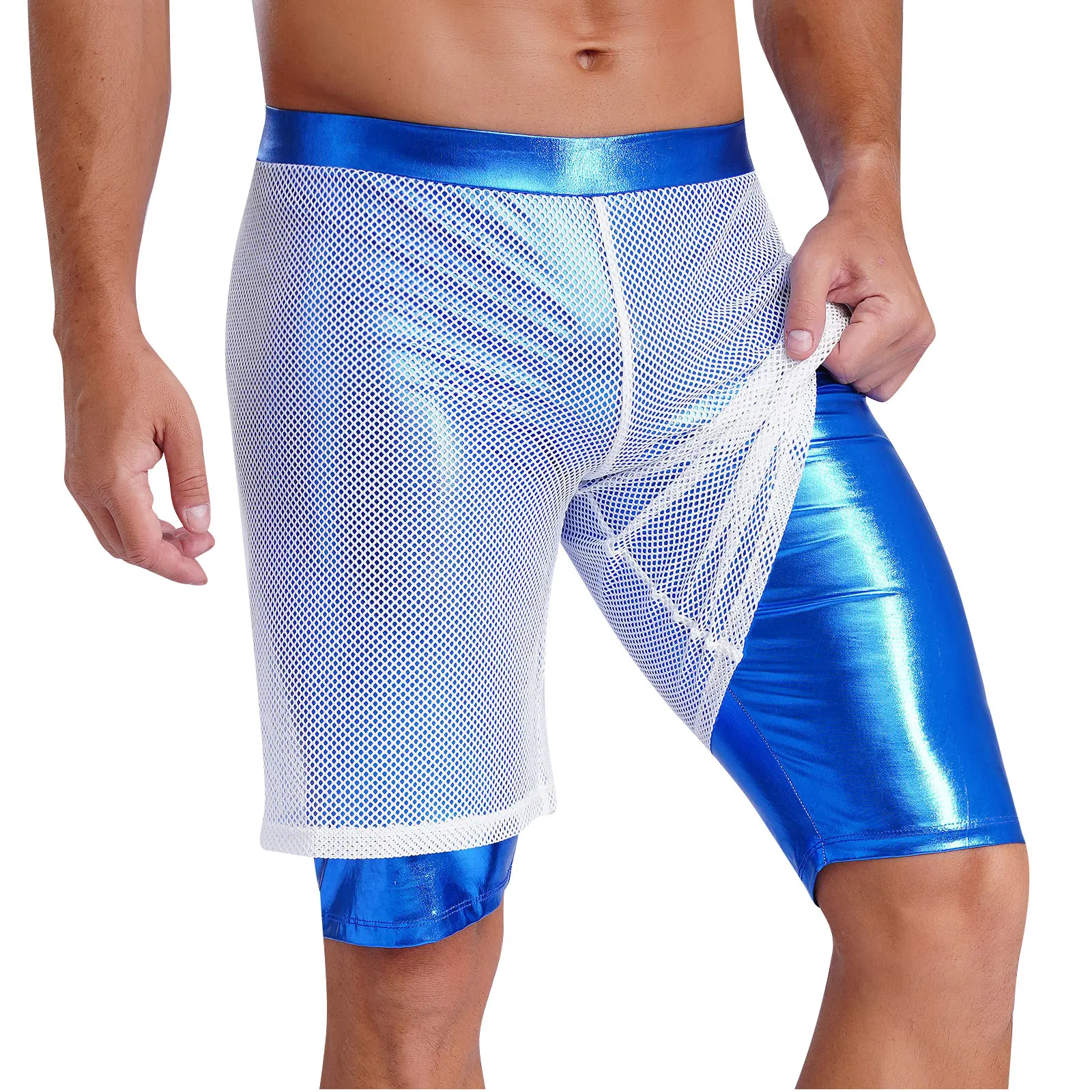 Pantalones cortos deportivos de entrenamiento para hombre, cintura elástica, malla transparente, forro metálico brillante, Boxer, pantalones cortos para gimnasio, Fitness, playa, bañadores