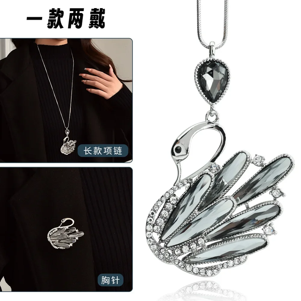 

Autumn and winter new crystal swan sweater chain brooch, versatile and fashionable clothing necklace, retro necklace