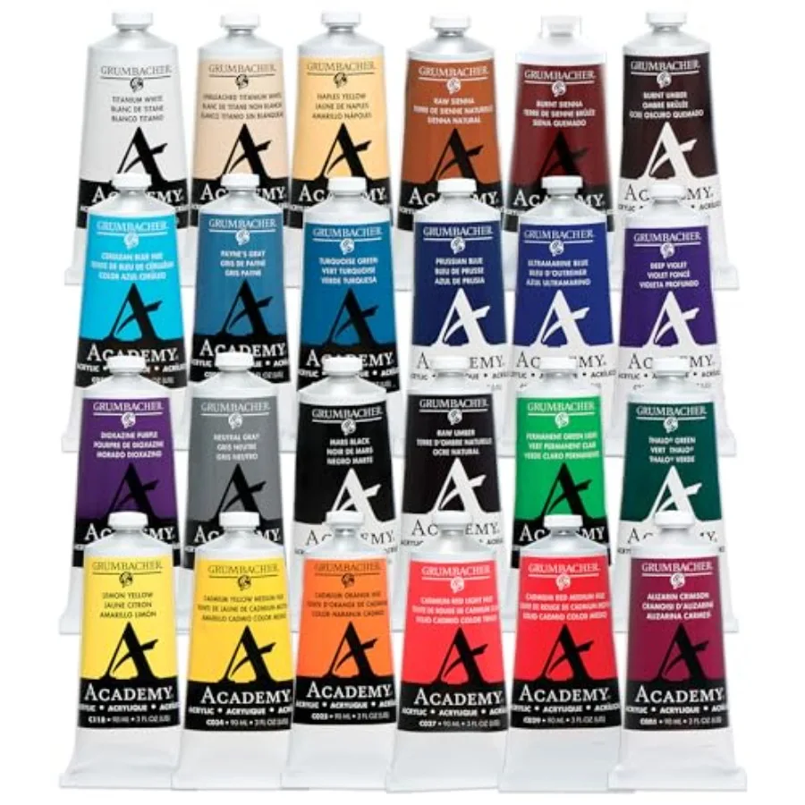 Academy Professional Acrylic Paint Set of 24 90ml Multi Colors - Metal Tubes - Heavy Body Professional Grade Artist Paint with