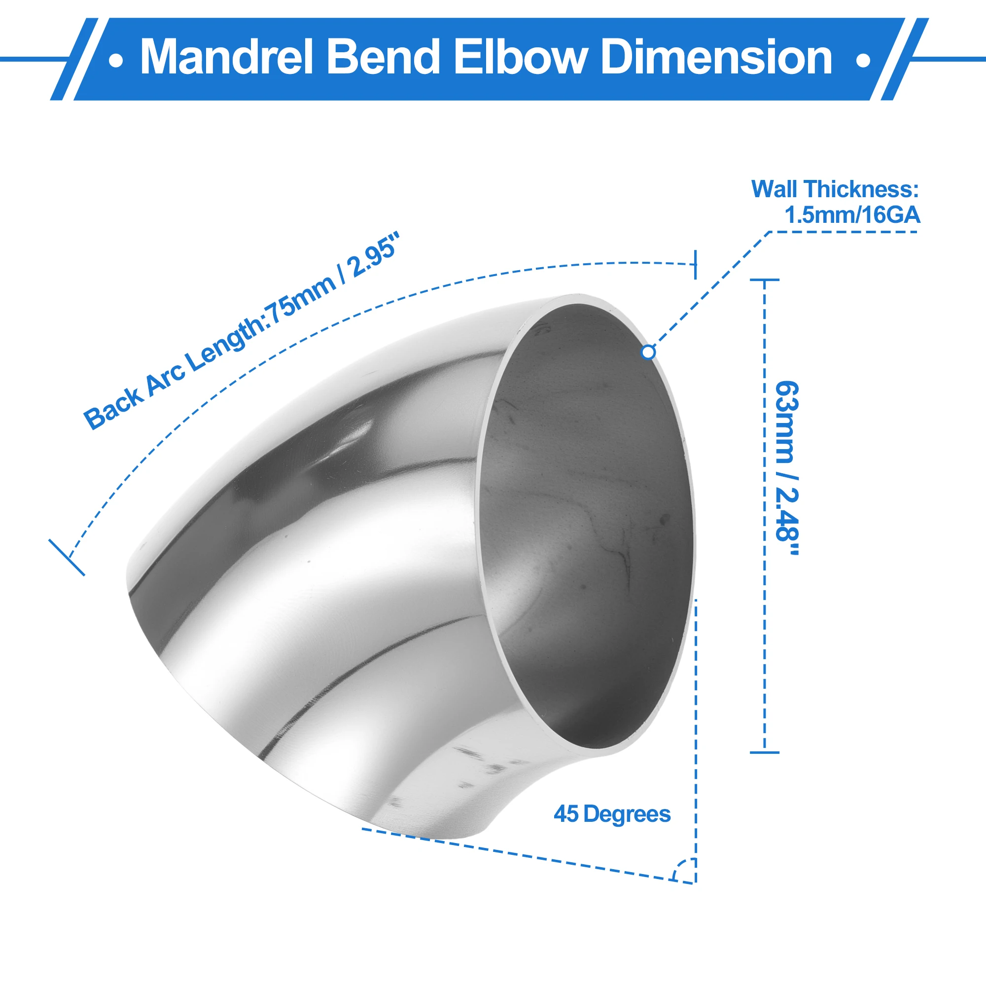 Uxcell 32/63/89/102/114/127mm OD 45 Degree Mandrel Bend Elbow SS304 Stainless Steel Bend Tube Exhaust Elbow Pipe Modified