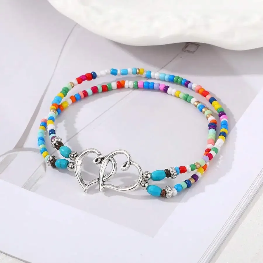 

Bohemian Multi-Layer Beaded Hollow Double Heart Charm Anklet Bracelet For Women Summer Beach Holiday Foot Jewelry