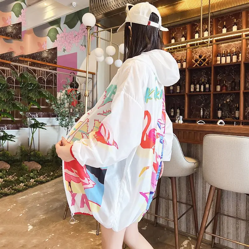 Cartoon Prints Sweet Summer Women Jacket Sweatshirt Sun Protection Clothing Long Sleeve Zipper Loose Quick Dry Outdoor Outerwear