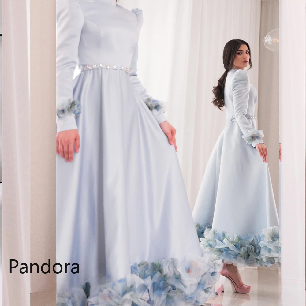 

Pandora Sky Blue A-Line High Neck Prom Dress Long Sleeves Evening Gown with Ankle Length Summer Women Wedding Party Dress2024