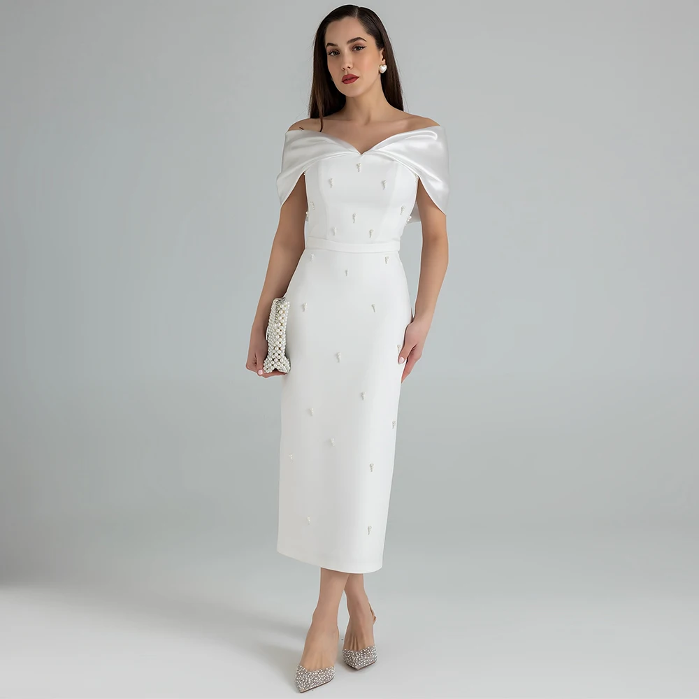 

Modern Hall Wedding Dresses Crepe Fabric Sheath/Column Midi Wedding Dress White Off-the-shoulder Pearls Pleat Wedding Party Gown