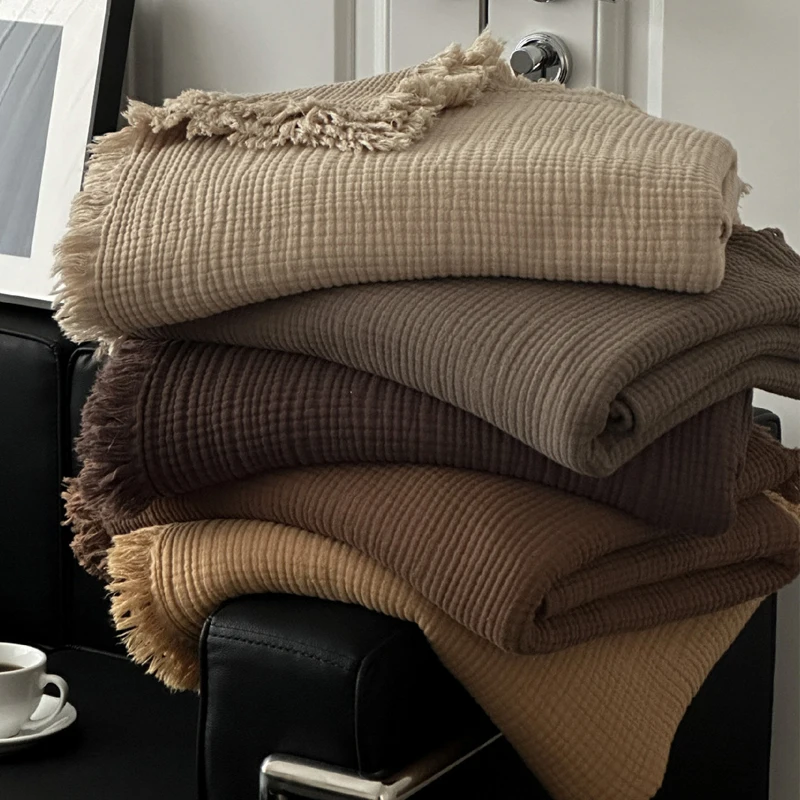 1PC 100% Cotton Sofa Tassel Blanket Skin-friendly Breathable Bed Blanket Solid Color Festive Gift Travel Shawl Home Blankets 담요