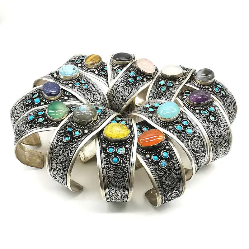 Tibetan Jewelry Copper Inlay Natural Stone Bead Wide Open Cuff Multi Stones 2024 Fashion Trend BB-019