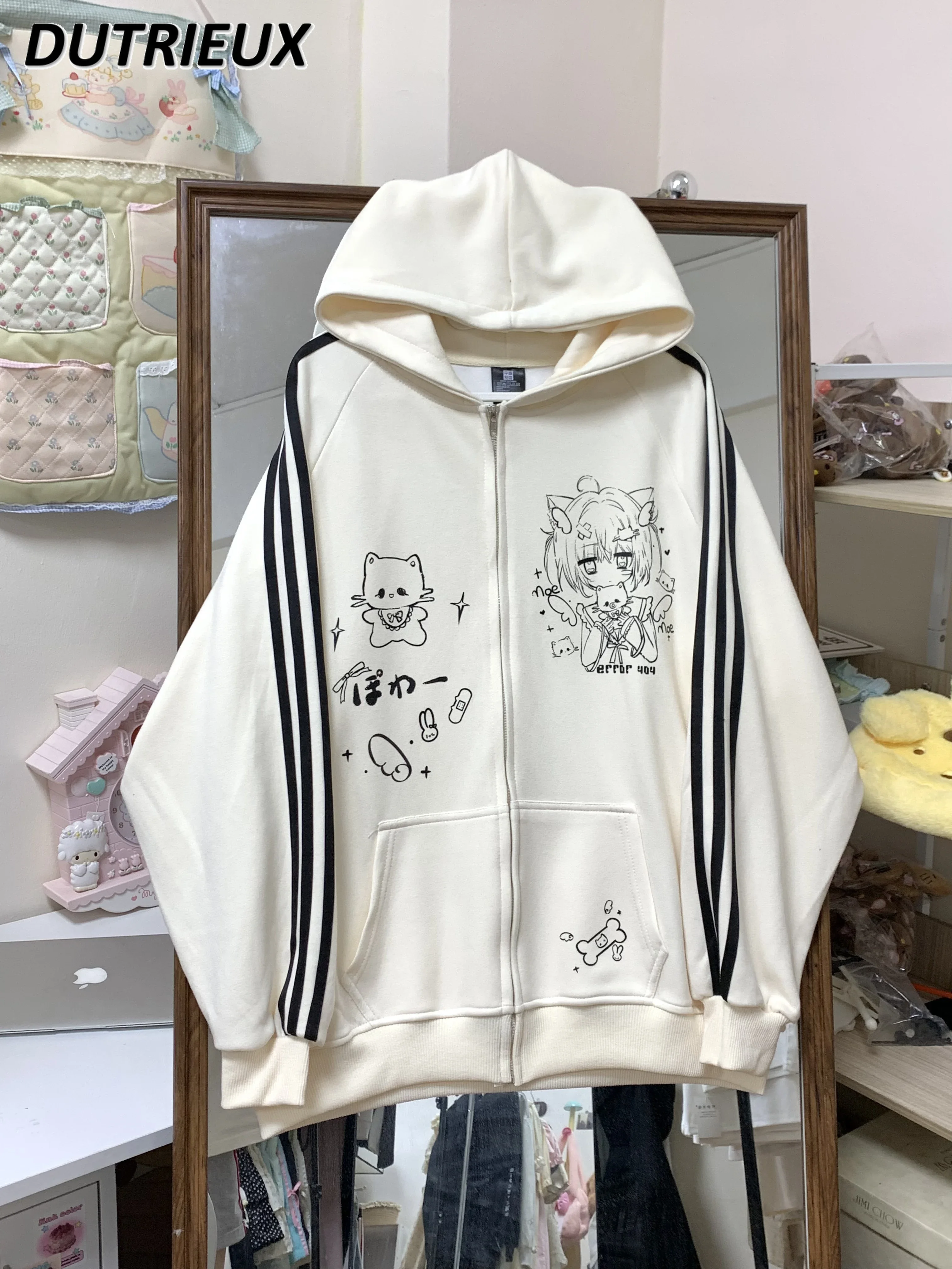 Original Japanese Cartoon Print Autumn and Winter Zipper Fleece Jacket Sweet Cute Girl Versatile Hooded Thickened Sweatshirt