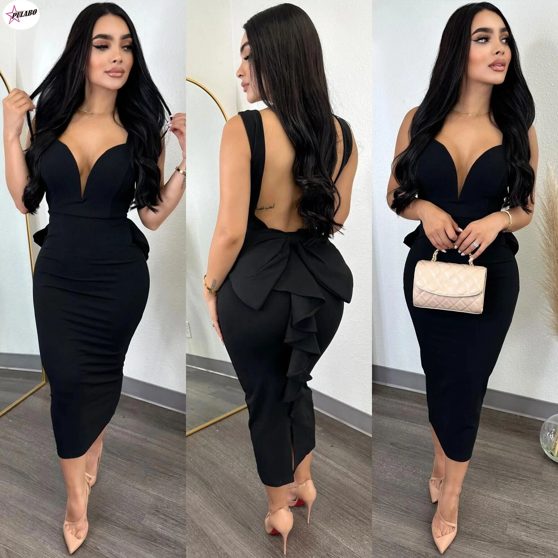 

PULABO Women Summer Sexy V Neck Backless Black White Mesh Mini Bodycon Bandage Dress Elegant Evening Celebrity Party Club Dress