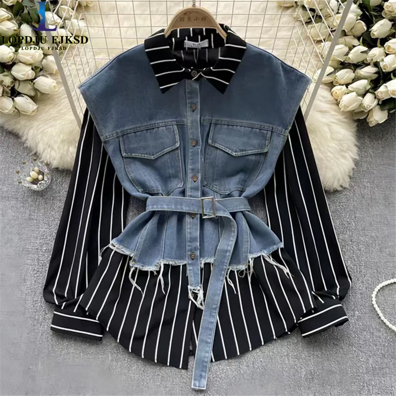 2026 Spring and Autumn New Lace-Up Long Sleeve Shirt Striped Single Breasted Cowboy Coat for Women