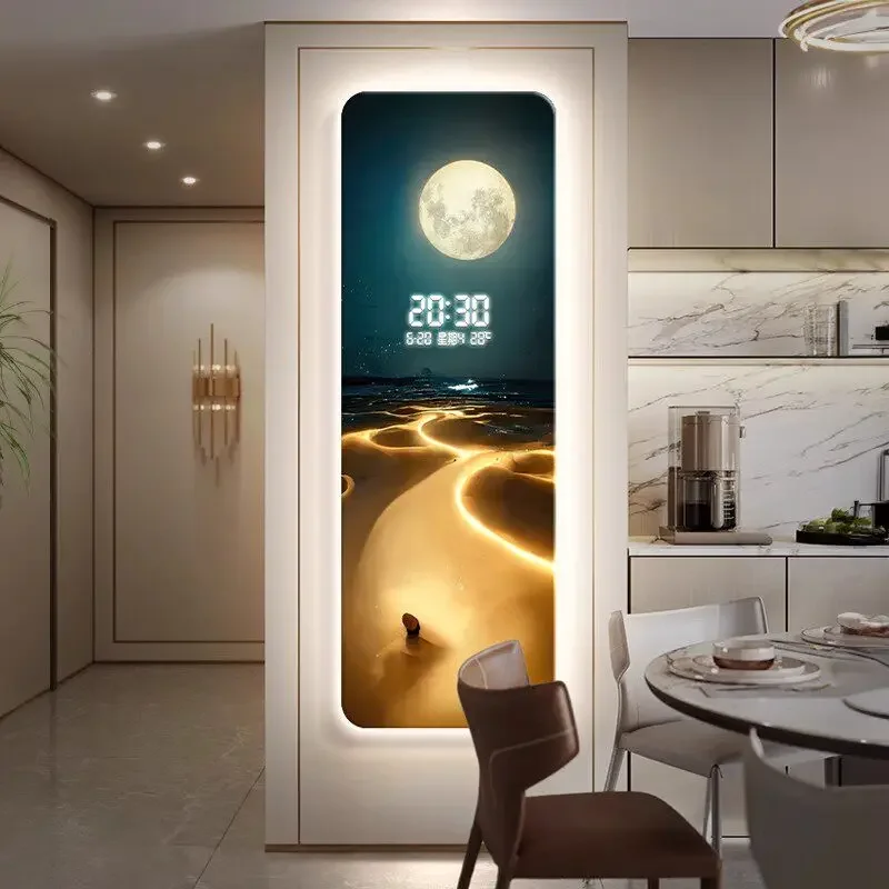 Entrance Decoration, Painted Lights Modern Wave Painting, Living Room Clock, Moon Digital Display Intelligent Electronic Clock