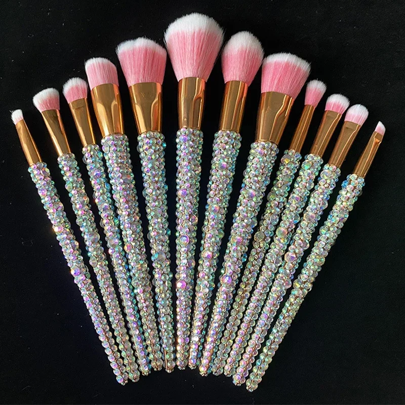 

12Pcs/set Diamond-studded Makeup Brushes Gems Makeup Beauty Tools Full Diamond Loose Powder Foundation Concealer Brush Bling