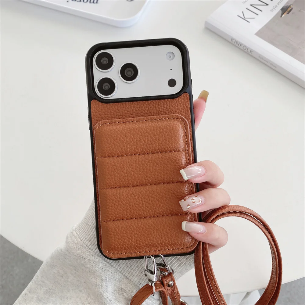 

Korea INS Leather With Card Holder Phone case for iPhone 16 Pro 15 Pro 13 14 15 16 17 Pro Max Cover Crossbody Shockproof Fundas