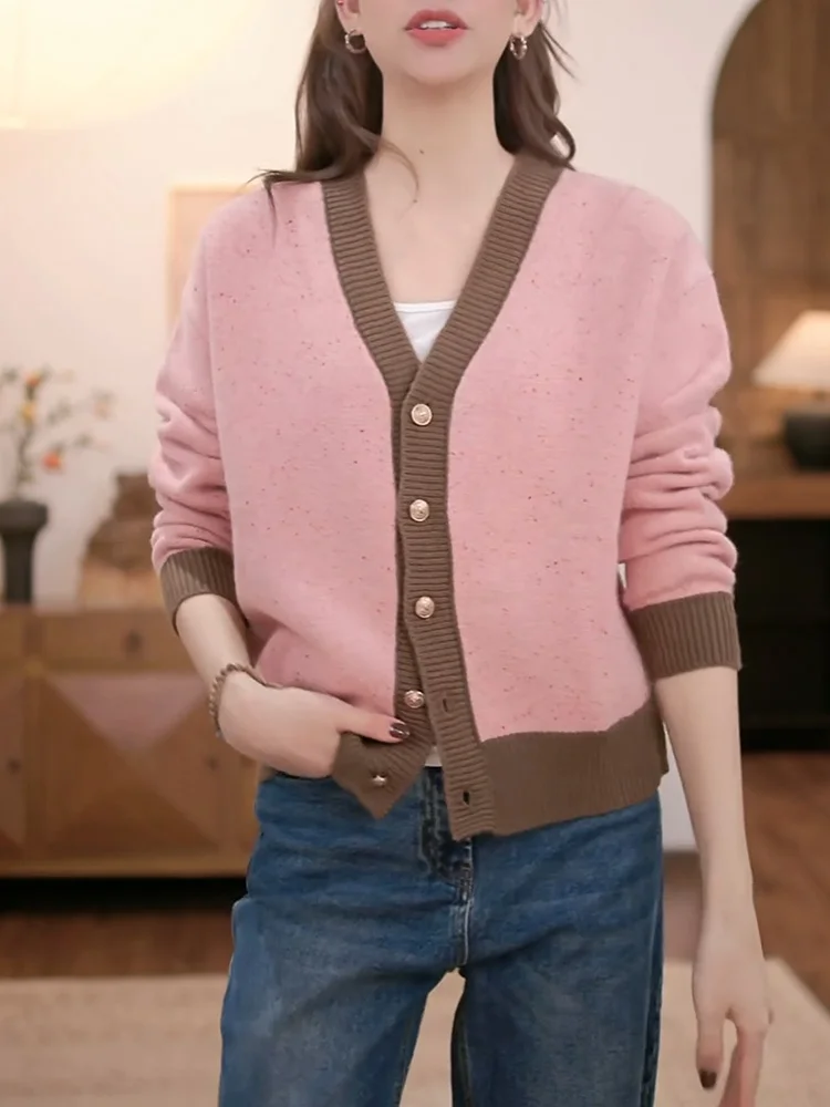 

Розовый ретро-свитер с V-образным вырезом, осенняя новинка, большие размеры, элегантный универсальный топ для женщин, стройнящий силуэт, для повседневной носки