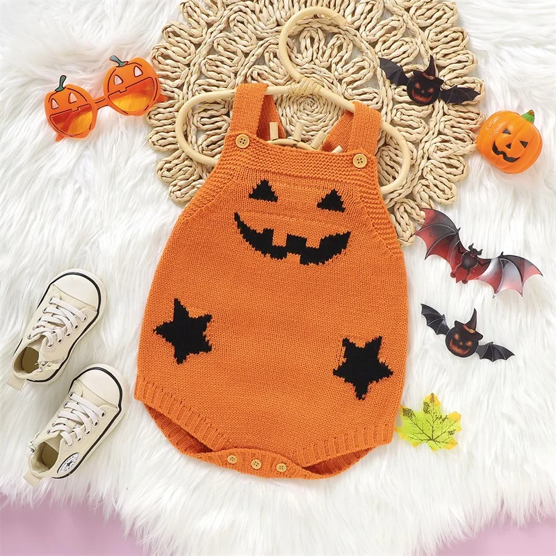 Jumpsuit suspender bayi, baju monyet rajut tanpa lengan cetak labu Halloween untuk bayi baru lahir anak laki-laki dan perempuan