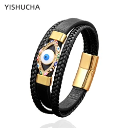 YISHUCHA New Multilayer Woven Leather Bracelet Turkish Blue Evil Eye Zircon Bracelet Punk Jewelry Fashion Charm Valentines Day G