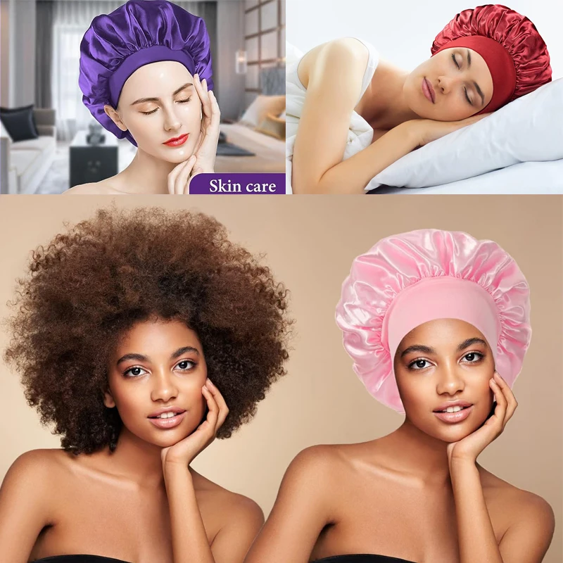 InjHair-Bonnets en Satin Noir pour Femme, Bonnet de Sommeil en Satin pour Cheveux Ronds Bouclés, Baby Showercap Rose