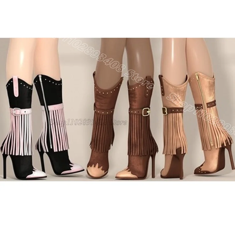 Splicing Tassel Style Short Boots Rivet Decor Pointed Toe Side Zipper Party Dress New Women Stiletto Boots Zapatos Para Mujere