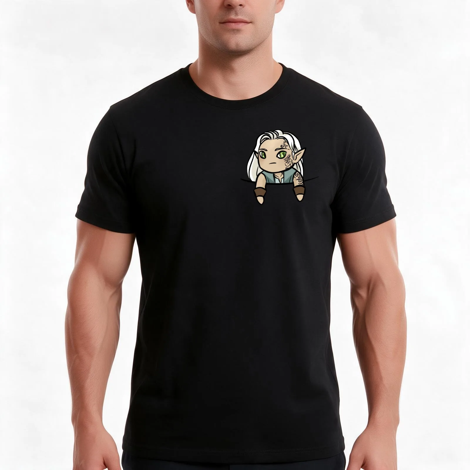 Chibi Rowan Pocket T-Shirt, Summer Casual Cotton Tee, Oversized Streetwear Tops, Vintage Graphic Print, Loose Fit Short Sleeve