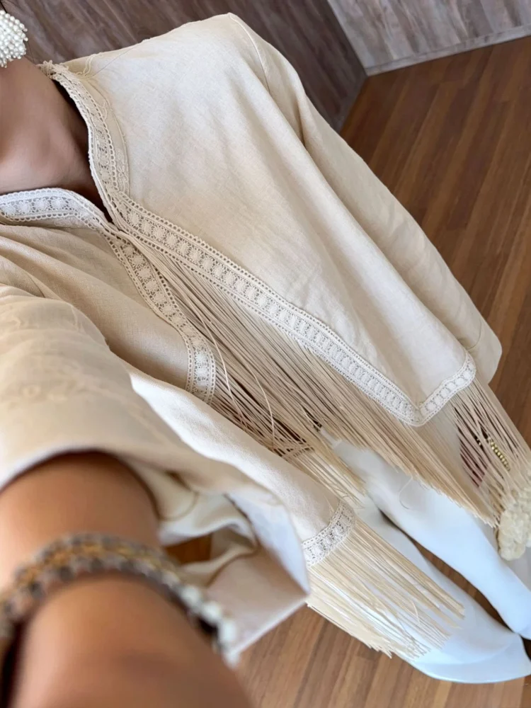Women Chic Simple Temperament Coats Solid Tassel Splicing Design Full Sleeves Loose Fit Short Jacket Autumn Casual Chic Outfit
