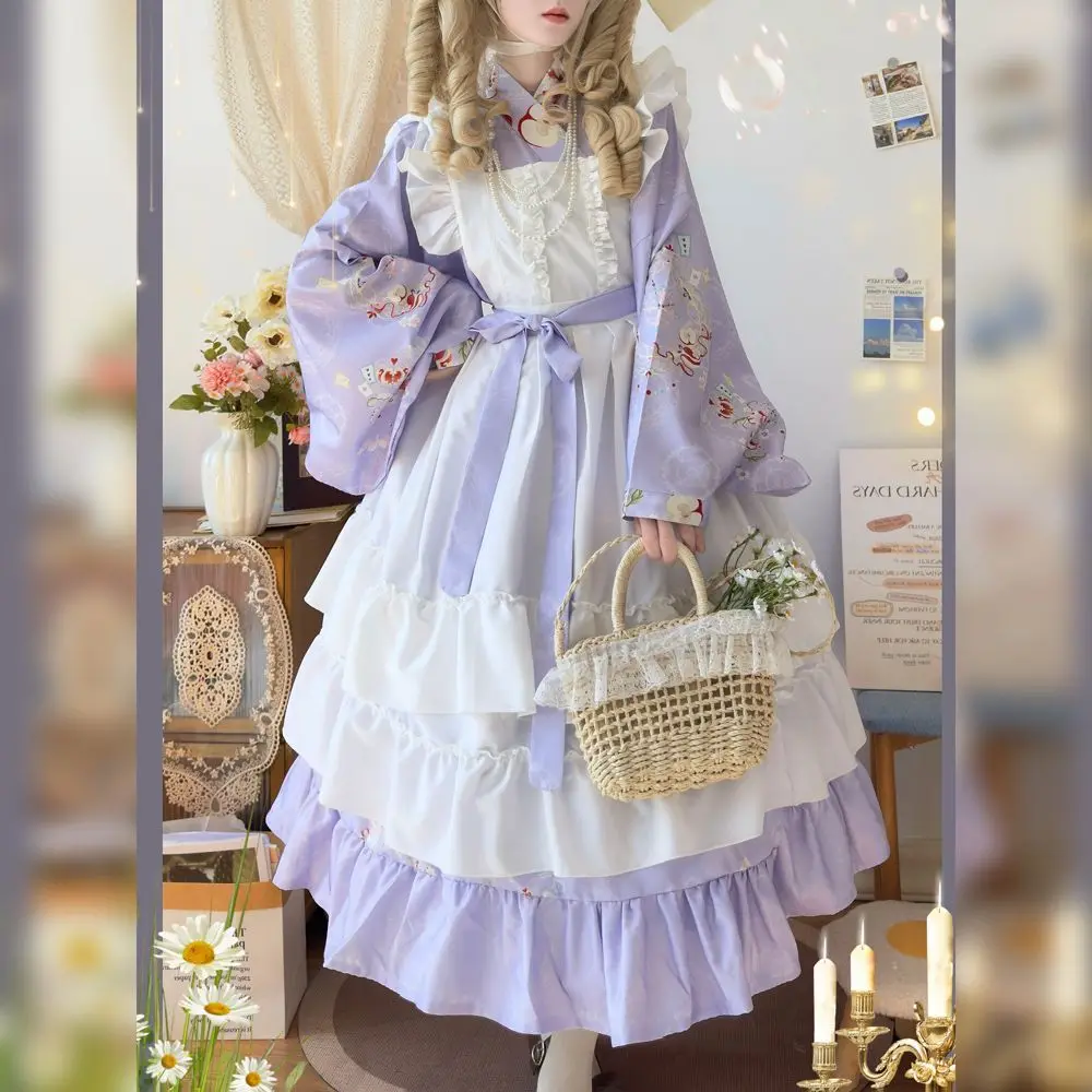 

Новый комплект Лолита 2026: Платье с принтованным воротником, многослойный фартук, пояс, мягкая шаль из кроличьего меха, 4 предмета, кавайный китайский туту-костюм