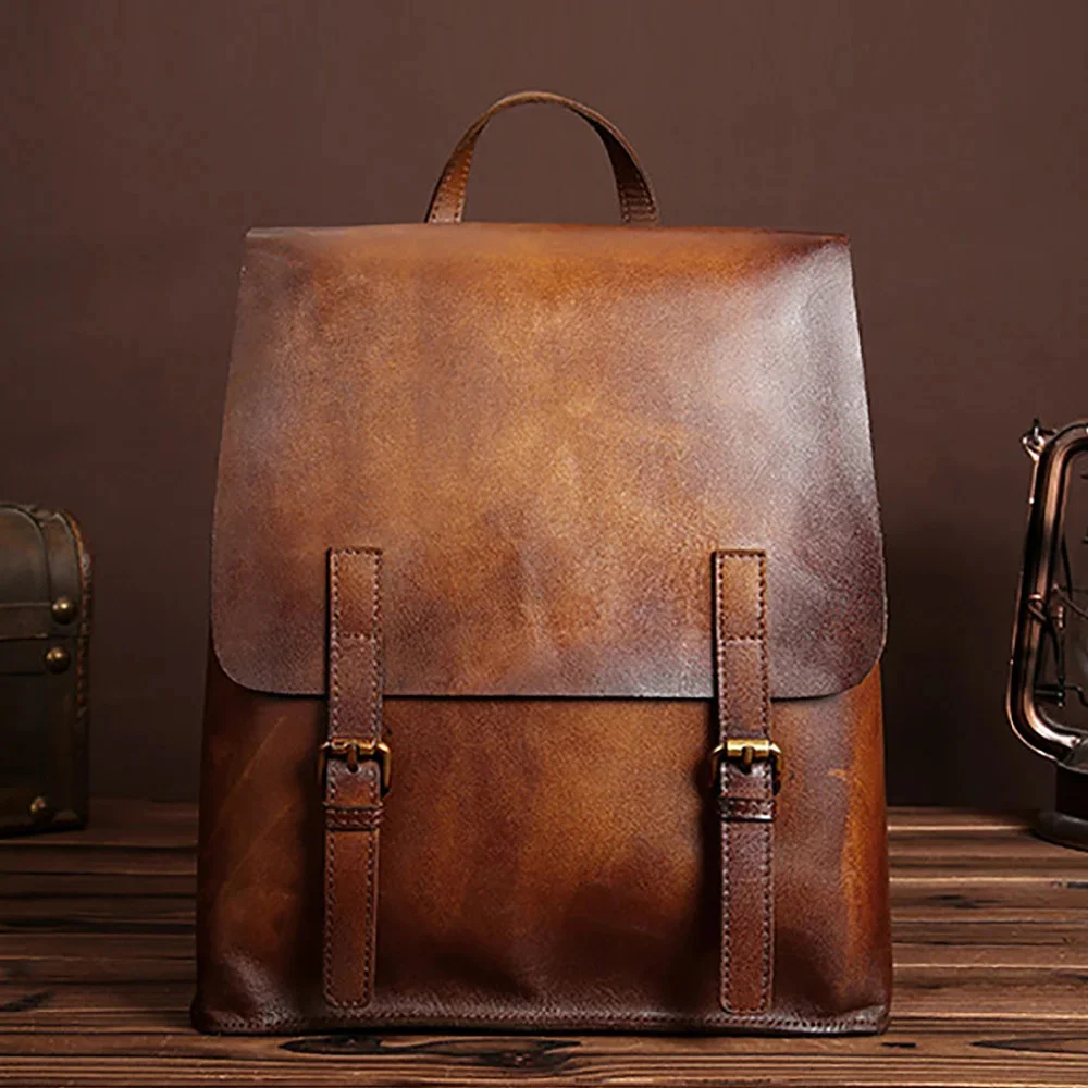 

High Quality First Layer Cowhide Men Backpack Vintage Casual Daypack Male Travel Genuine Leather Knapsack School Rucksack