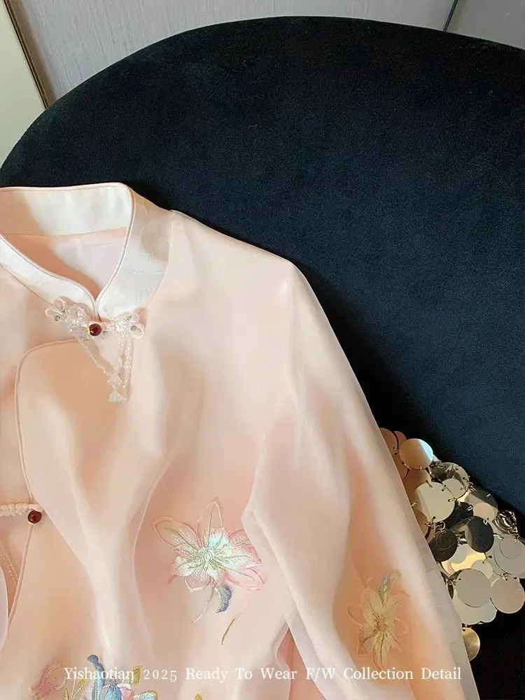 بلوزات شيفون مطرزة للنساء بأكمام طويلة بلوزات فضفاضة عتيقة على الطراز الصيني شيونغسام مقاس كبير