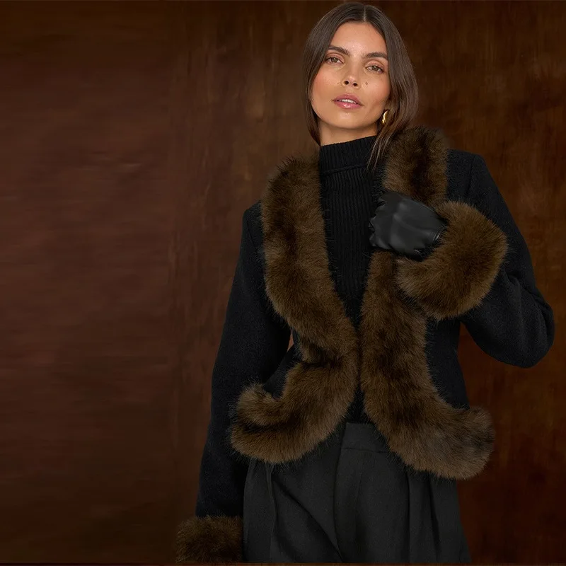 

Women's Elegant Faux fur collar Patchwork Slim Coat Fashion High quality Long Sleeve Outerwear 2026 New Lady Commuter Outwear