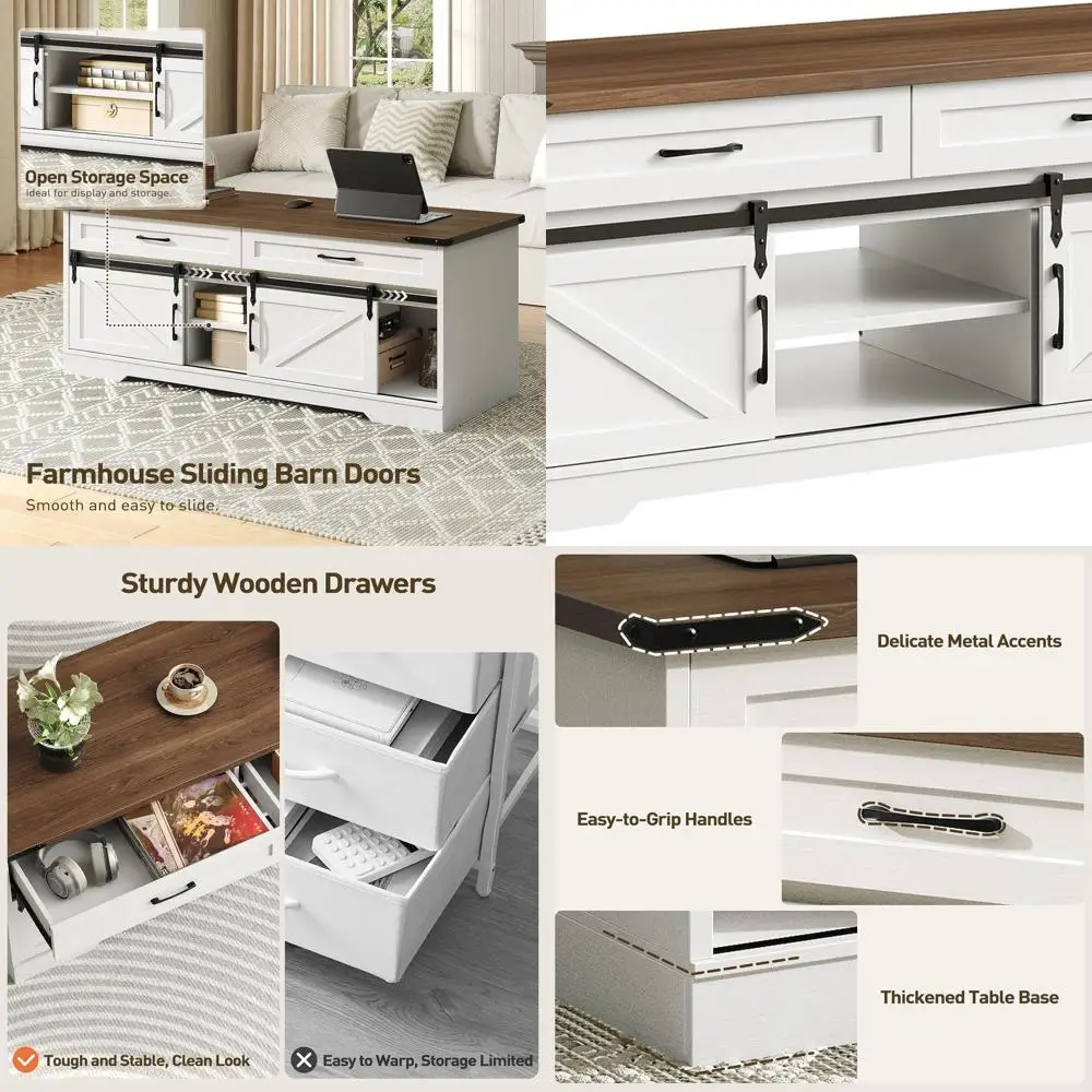 

Большой журнальный столик в деревенском стиле с местом для хранения вещей, раздвижными двери сарая и открытыми отделениями, белый и орех для гостиной