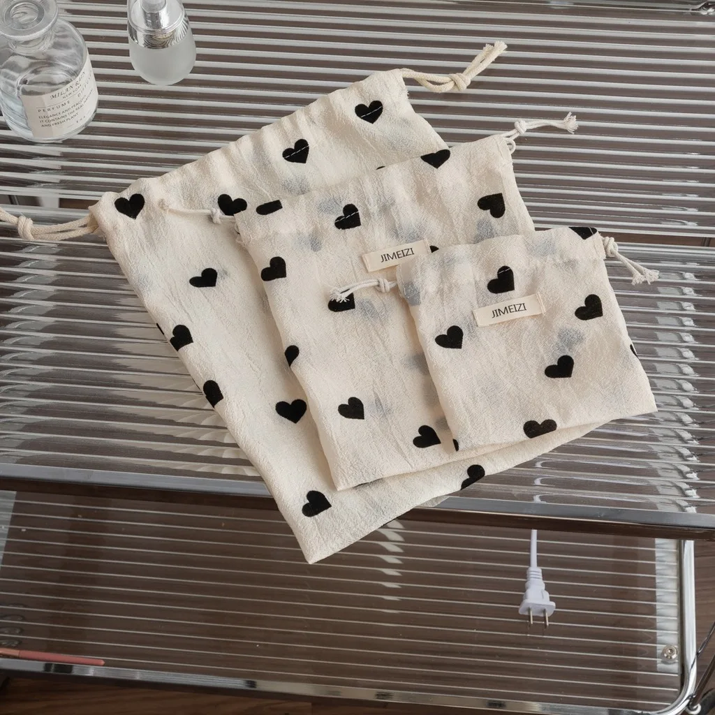 Heart Print Pouch Soft Drawstring Bag Organizer Bag Portable Soft Fabric Pouch For Student Stationery School Short Trips