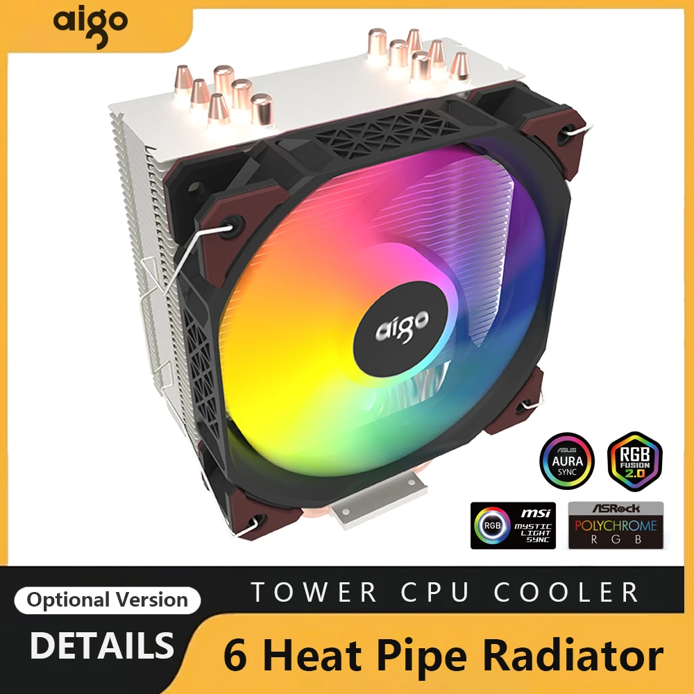 Aigo CPU Cooler Silent ARGB 6 Heat pipes CPU Air Cooler 4PIN PWM 120mm Fan Ventilador For Intel LGA 115X 18XX1200 1700 2011 AMD