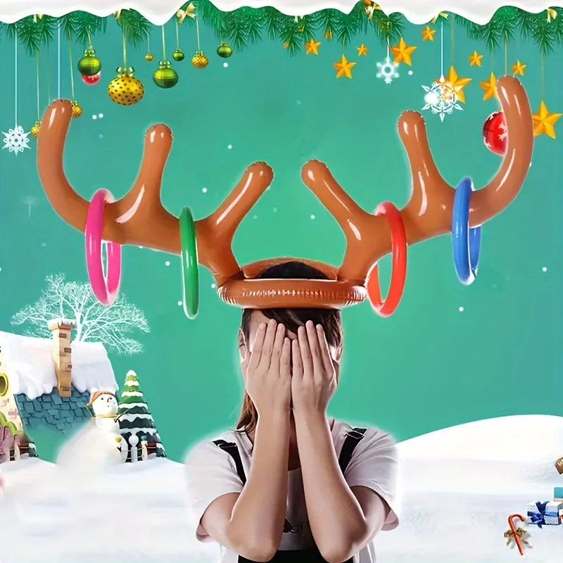 1 set of inflatable reindeer antler party throwing game (1 reindeer antler hat, 4 rings). Party game, parent-child game