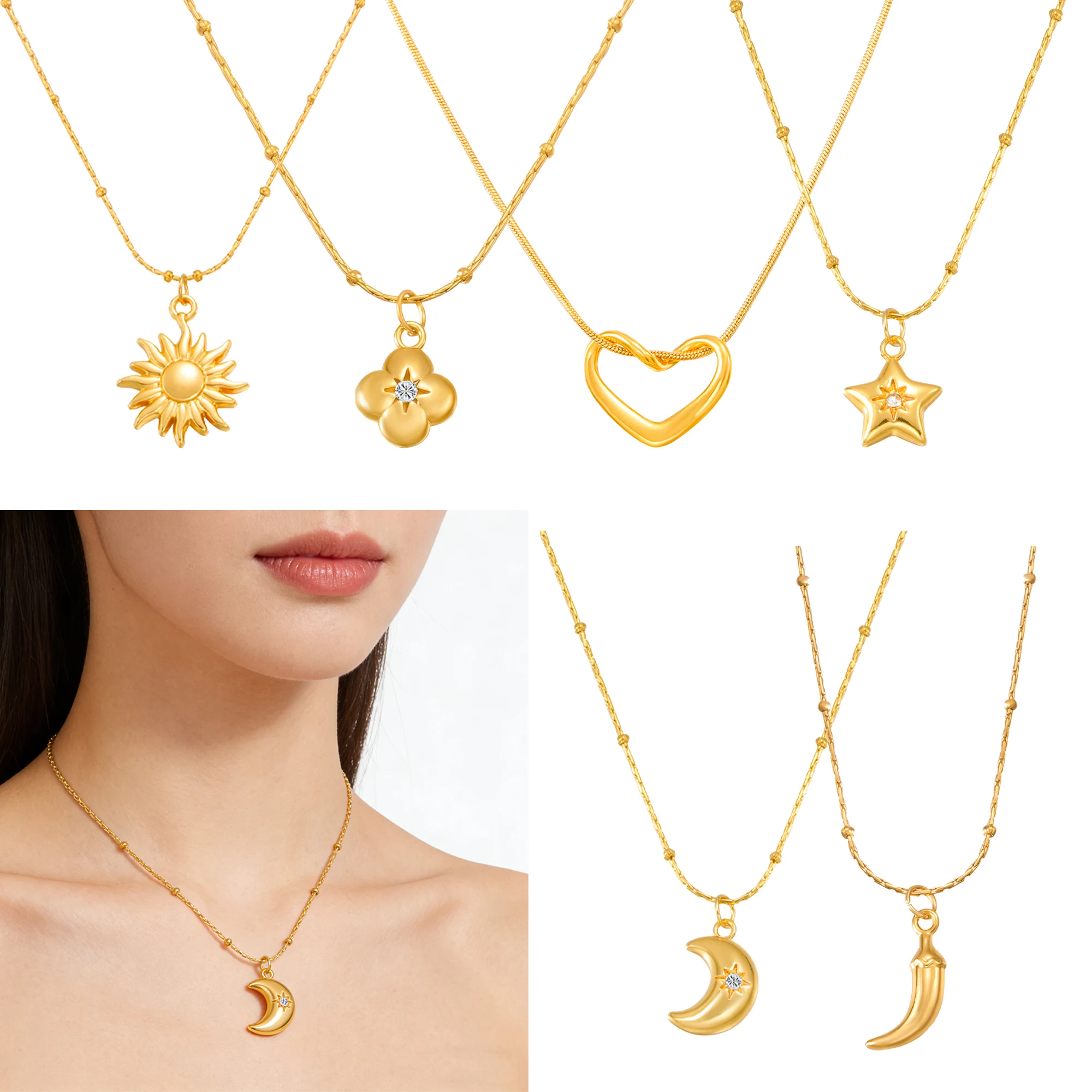 18K vergoldete Edelstahl-Sterne-Mond-Halskette für Damen, Schmuck, Mode, Party, Hochzeit, Geschenk, wasserdichtes Accessoire