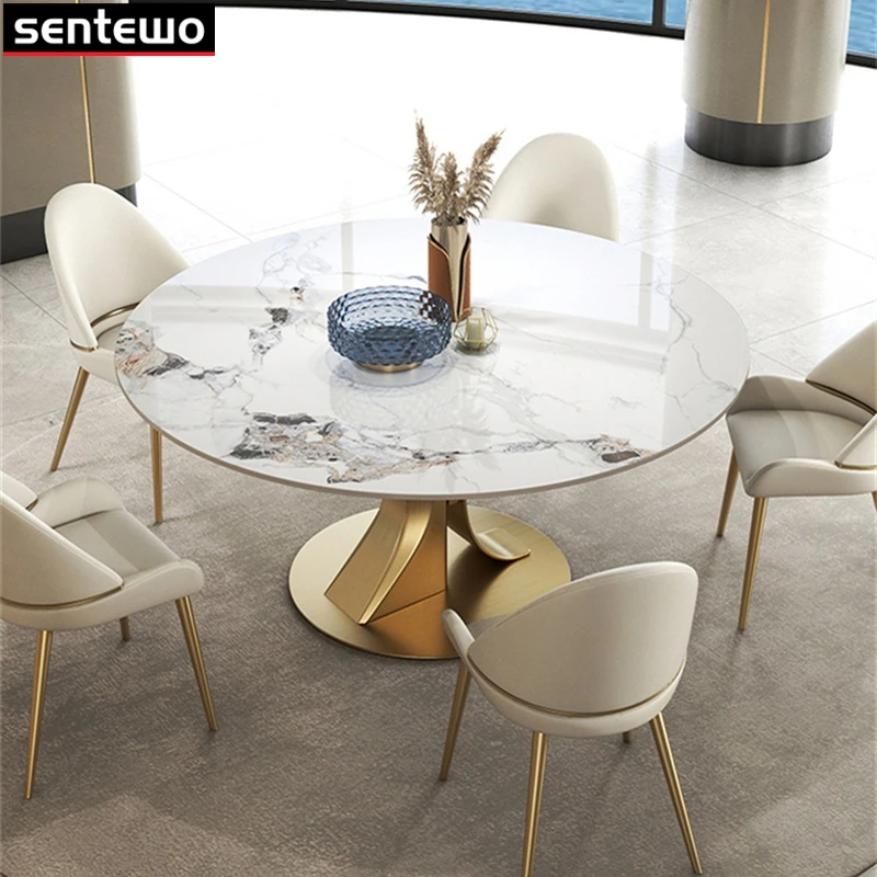 Designer Luxury Round Dinning Marble Rock Slab Dining Table Set 4 6 Chairs Mesa Posta Furniture Meuble Stainless Steel Gold Base